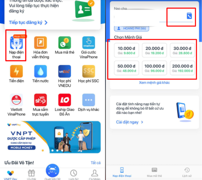 cach nap tien dien thoai tren ung dung vnpt pay