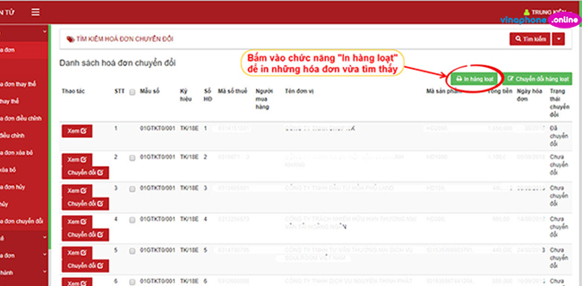 cach in nhieu hoa don dien tu VNPT