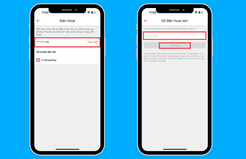 Thay doi so dien thoai dang ky Shopee