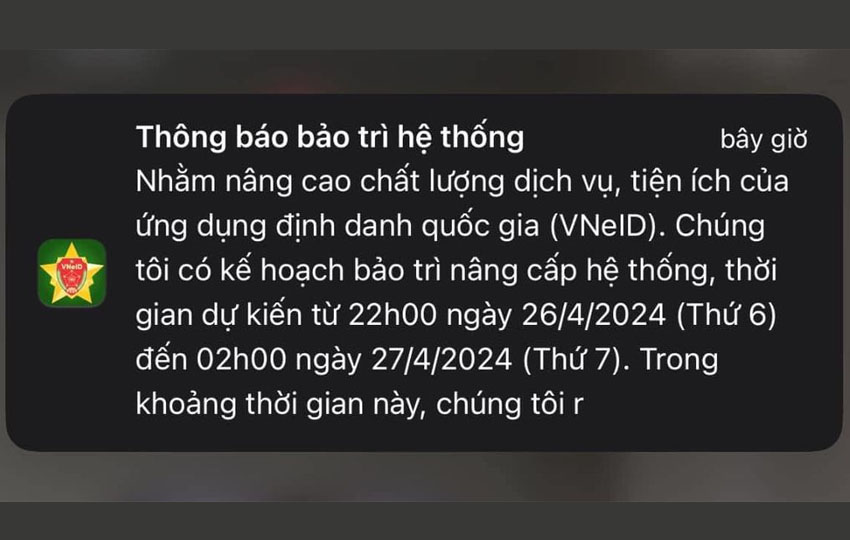 VNeID gui thong bao bao tri lien tuc